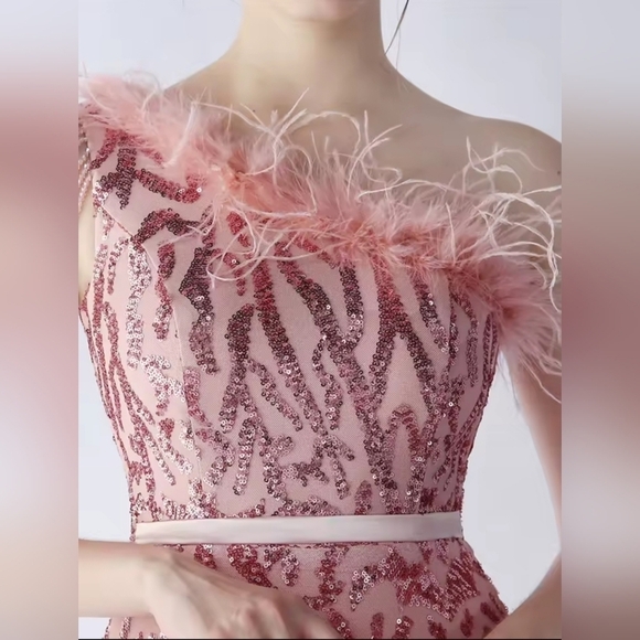 Lotus Pink, Assymmetrical Beaded, Ostrich Feathers, Geo Print, Sequined Gown - Picture 4 of 13
